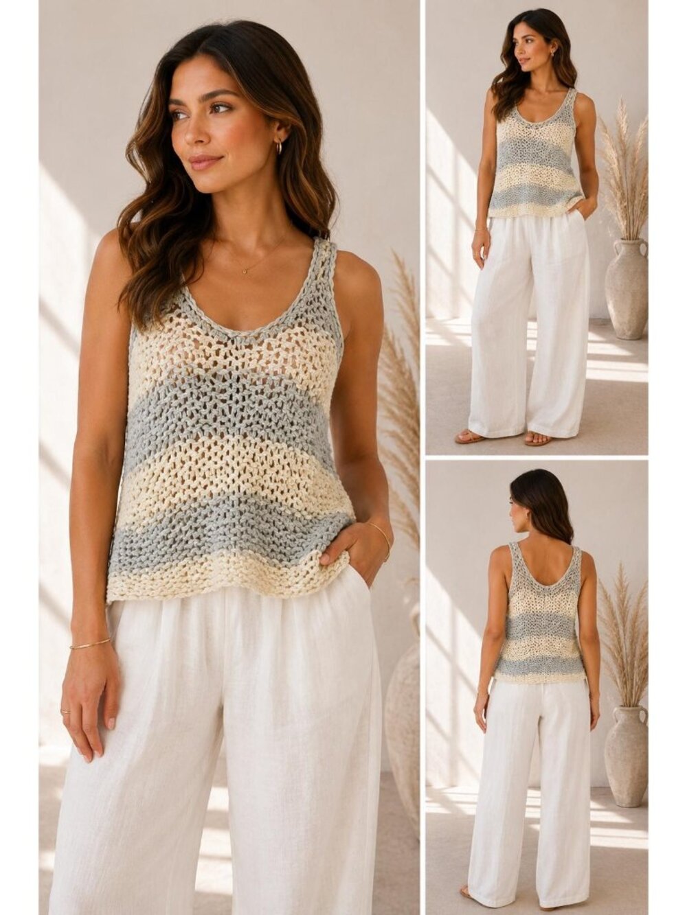 Free People Women M Crochet Knit Tank Top Gray Cream Cotton Boho Beach Festival